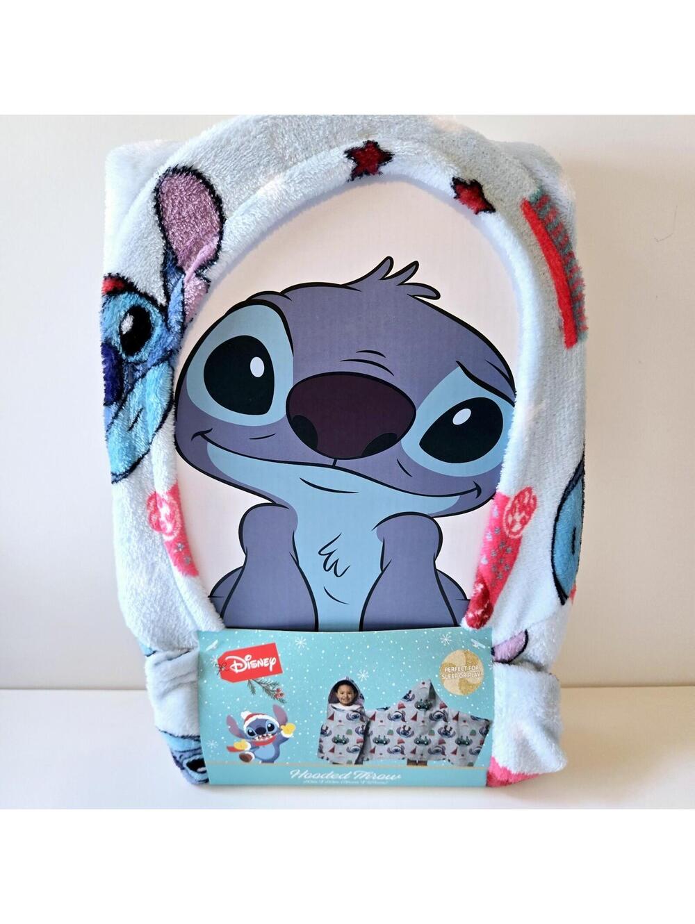 Disney Stitch Kids Christmas Winter Holiday Blue Hooded Throw Blanket 30x50 NWT